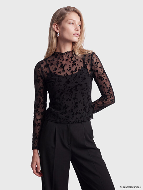 LCW Vision Ruffled Mock Neck Floral Tulle Blouse