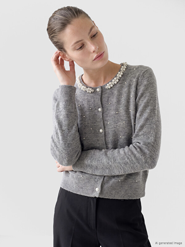LCW EVERYDAY Crew Neck Pearl Embellished Women's Knitwear Cardigan