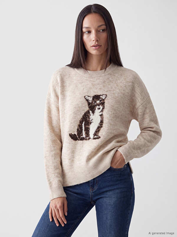 LCW EVERYDAY Cat Printed Women's Knitwear Sweater