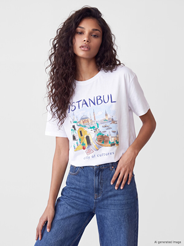 XSIDE İstanbul Baskılı %100 Pamuklu Kadın Tişört