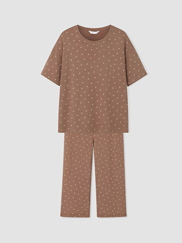 LCW DREAM Bisiklet Yaka Desenli Kadın Kaprili Pijama Takımı