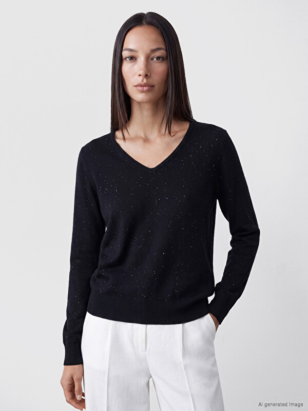 LCW EVERYDAY V Neck Sequin Embellished Women's Knitwear Sweater