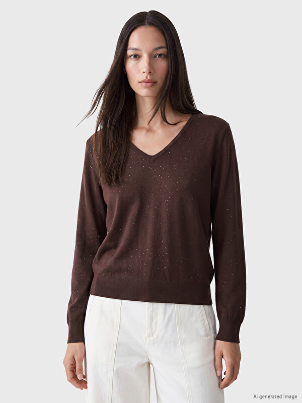 LCW EVERYDAY V Neck Sequin Embellished Women's Knitwear Sweater