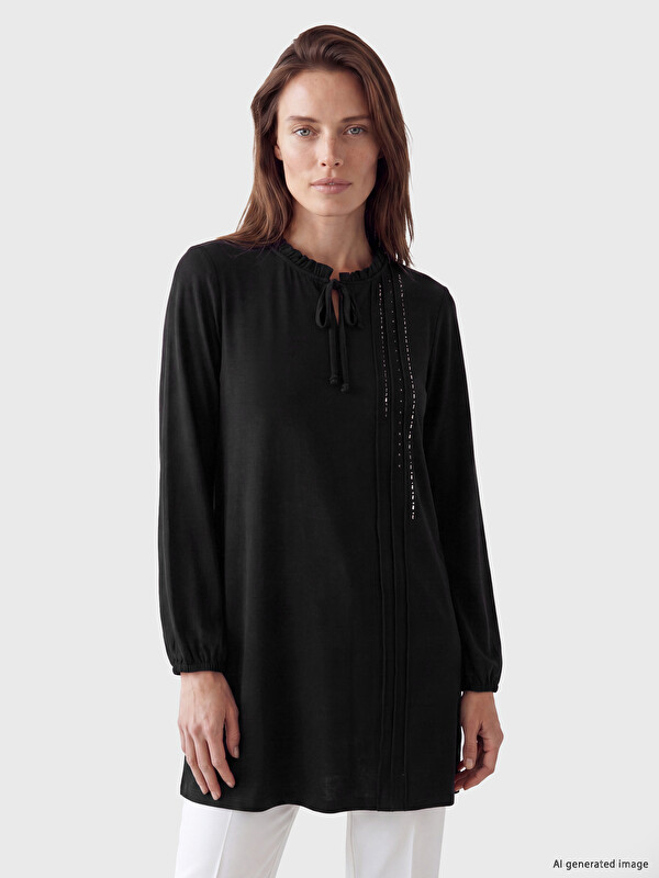 LCW Grace Ruffled Tie Neck Rhinestone Embellished Women's Tunic