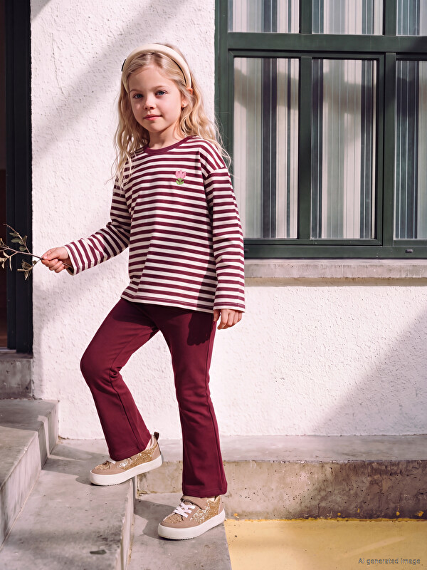 LCW Kids Crew Neck Embroidered Striped Girls' T-shirt