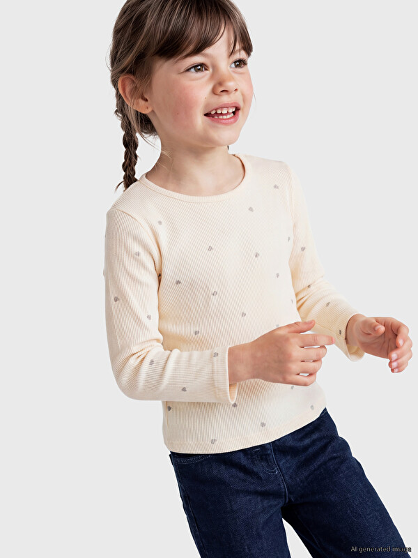 LCW Kids Bisiklet Yaka Desenli Kız Çocuk Tişört