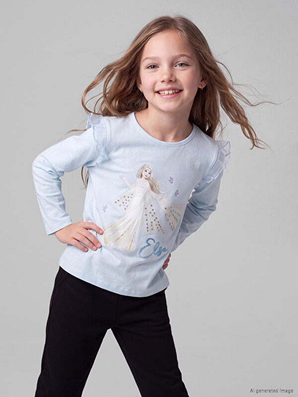 LCW Kids Bisiklet Yaka Frozen Baskılı Kız Çocuk Tişört