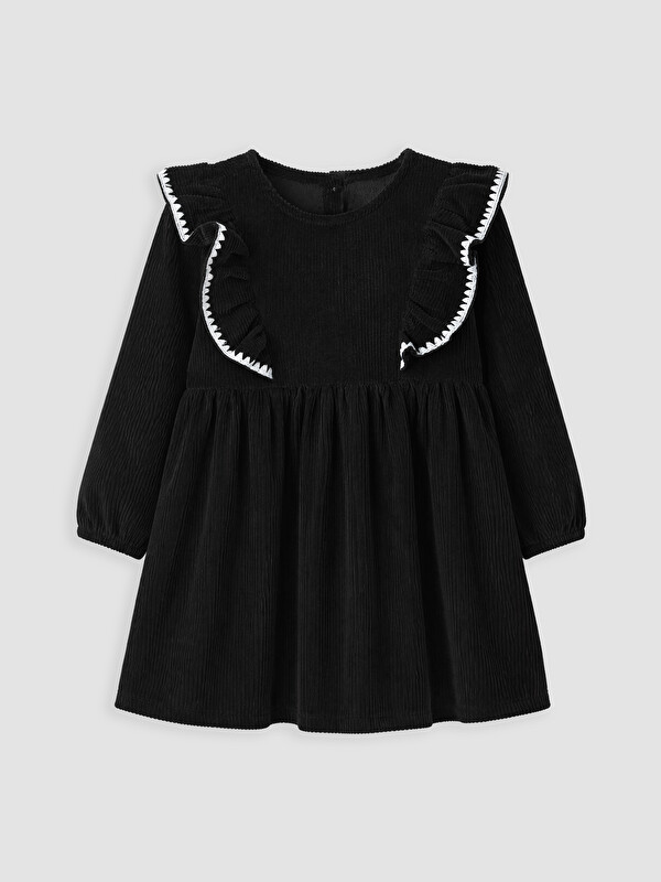 LC WAIKIKI Crew Neck Ruffled Girls' Corduroy Velvet Dress