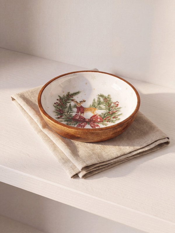 LCW HOME Pine Tree and Snow Flake Patterned Wood Look Bowl