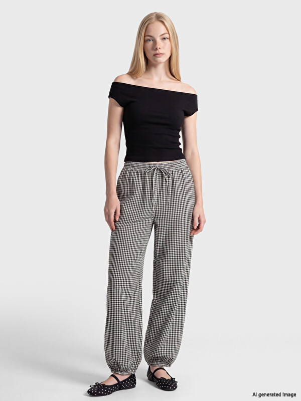 XSIDE Beli Lastikli Ekose Kadın Jogger Pantolon