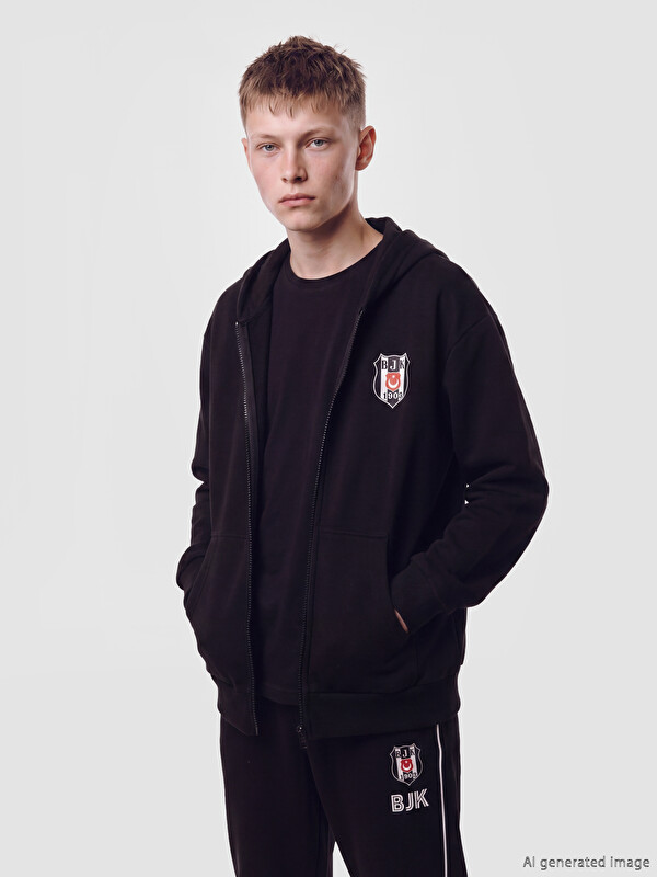 LCW Kids Kapüşonlu Beşiktaş Erkek Çocuk Fermuarlı Sweatshirt
