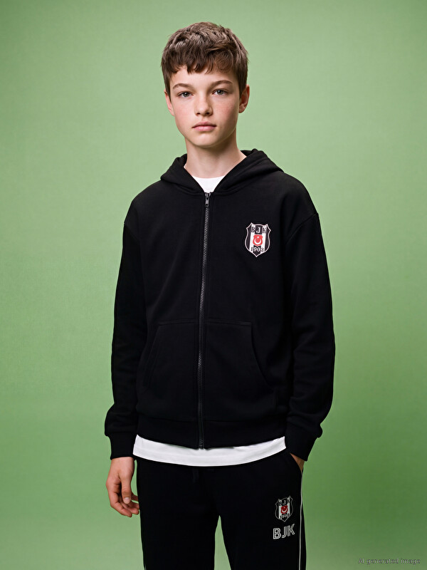 LCW Kids Kapüşonlu Beşiktaş Erkek Çocuk Fermuarlı Sweatshirt