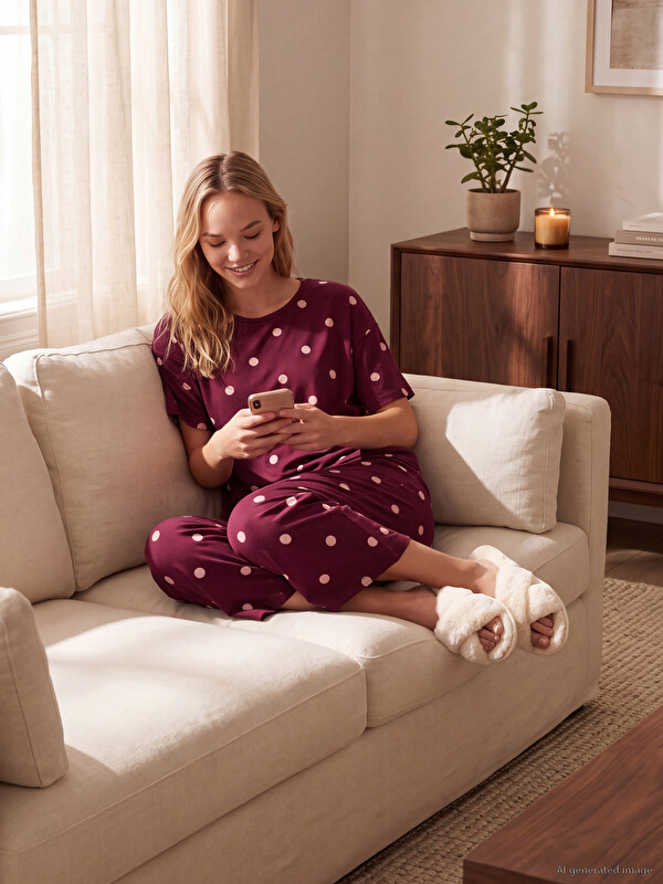 LCW DREAM Puantiyeli Kadın Kaprili Pijama Takımı