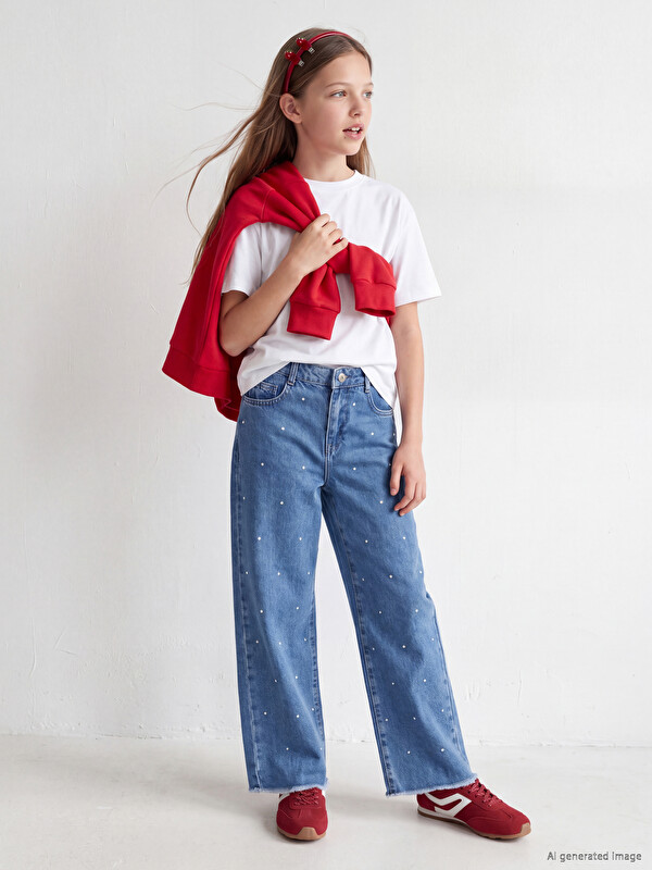 LCW Kids Wideleg Puantiyeli Kız Çocuk Jean Pantolon