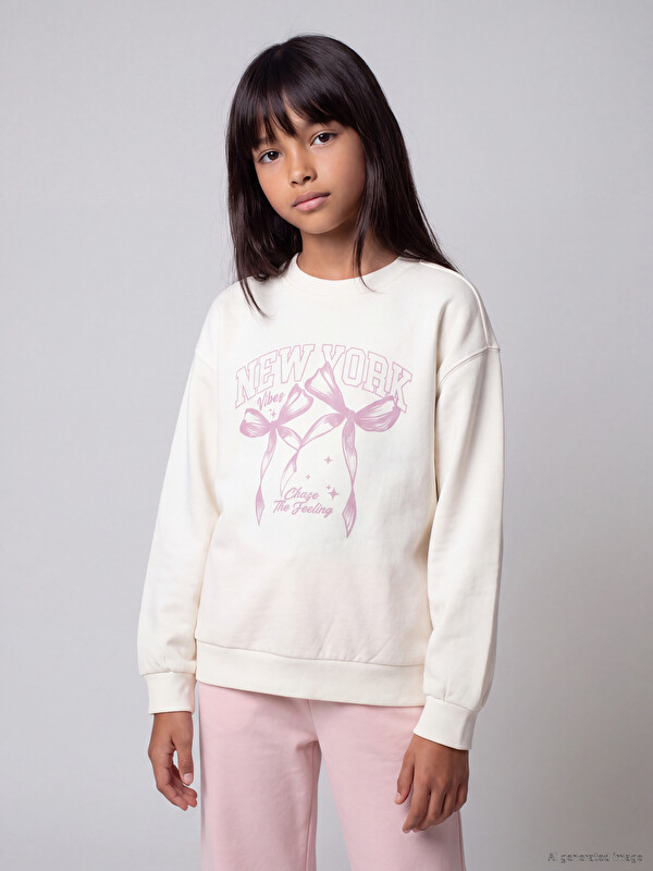 LCW Kids New York Baskılı Kız Çocuk Kalın Sweatshirt