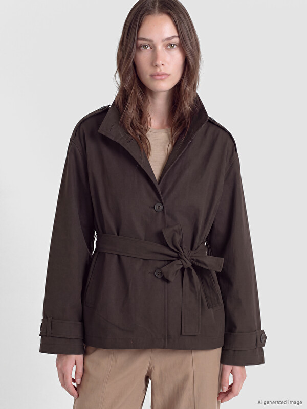 LCW Modest Mock Neck Sash Oversize Women's Trench Coat