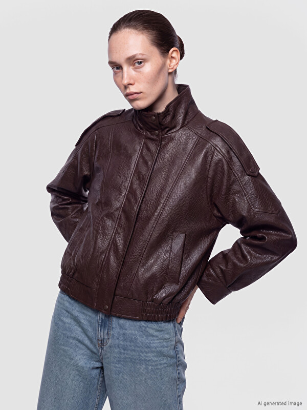 LCWAIKIKI Maternity Kunstlederjacke mit Stehkragen für Damen