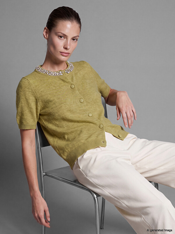 LCW STUDIO Crew Neck Stone Embellished Women's Knitwear Cardigan