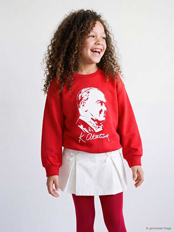 LCW Kids Atatürk Printed Girls' Thick Sweatshirt