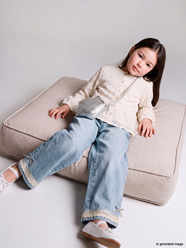 LCW Kids Dantel Detaylı Wideleg Kız Çocuk Jean Pantolon