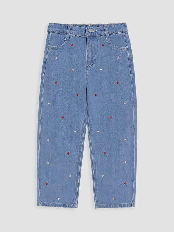 LCW Kids Straight Fit Nakışlı Kız Çocuk Jean Pantolon