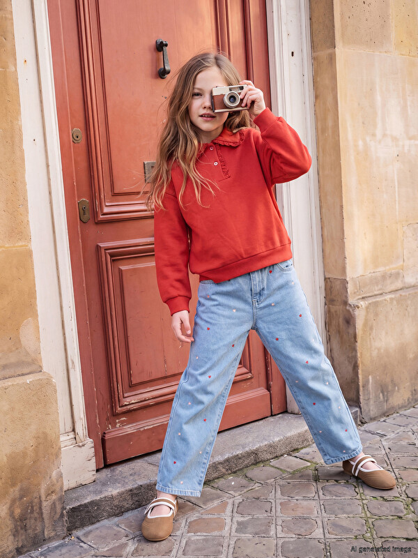 LCW Kids Straight Fit Nakışlı Kız Çocuk Jean Pantolon