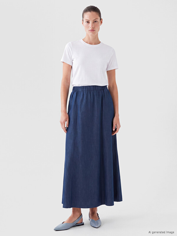 LCW Grace Elastic Waist Flared Denim Skirt