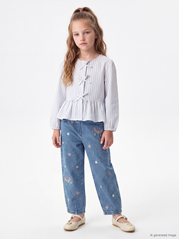 LCW Kids Nakışlı Balloon Fit Kız Çocuk Jean Pantolon