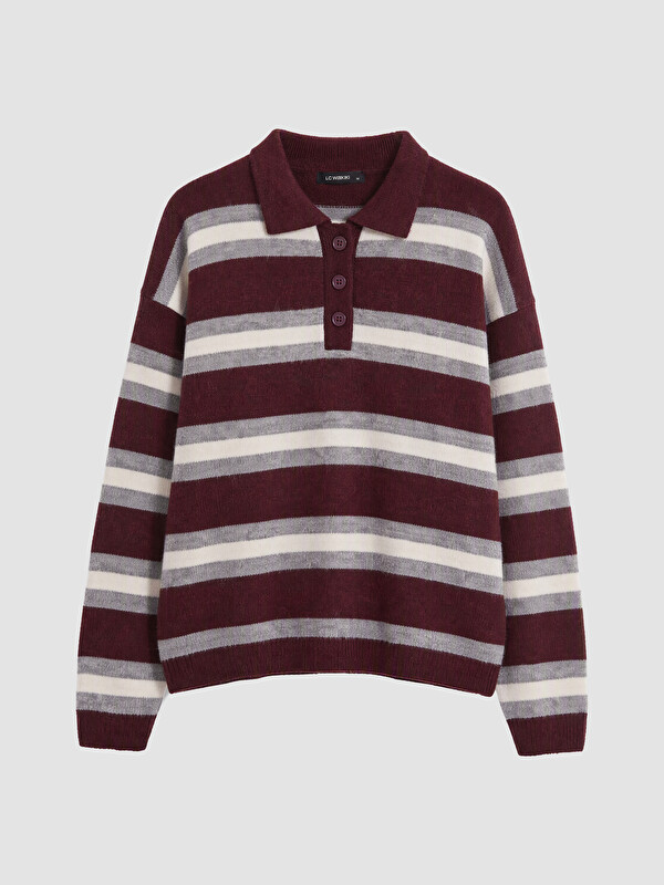 LC WAIKIKI Polo Yaka Çizgili Kadın Triko Kazak