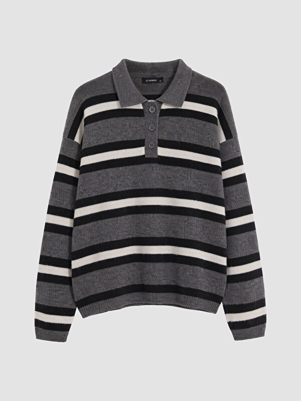 LC WAIKIKI Polo Yaka Çizgili Kadın Triko Kazak