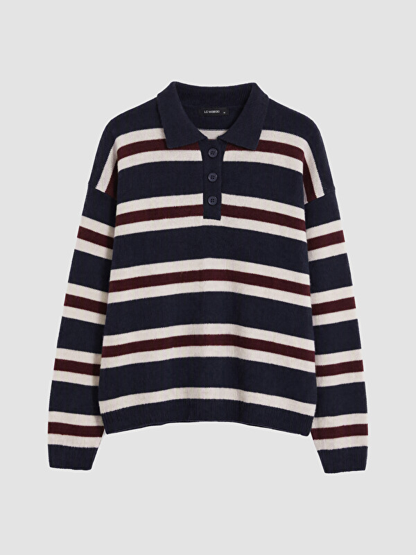 LC WAIKIKI Polo Yaka Çizgili Kadın Triko Kazak