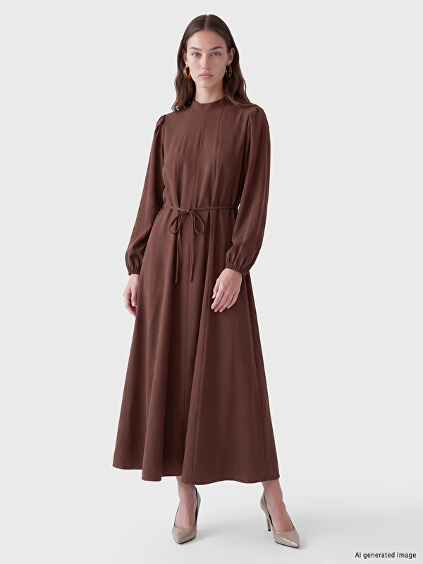 LCW Modest Mock Neck Sashed Modal Blended Dress