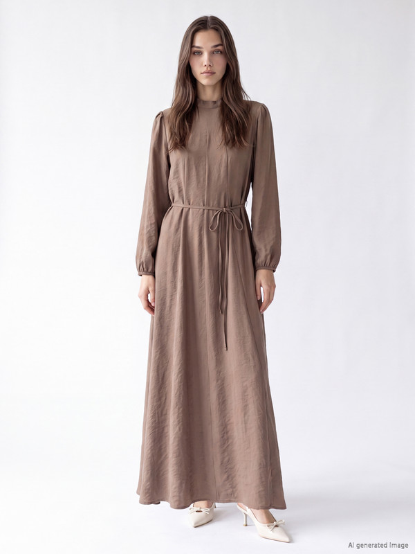 LCW Modest Mock Neck Sashed Modal Blended Dress