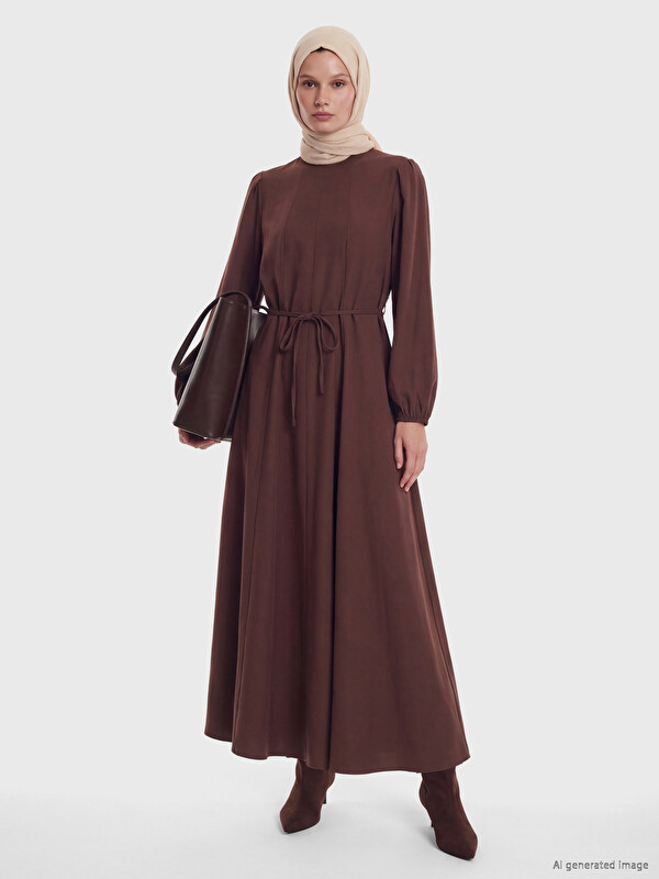 LCW Modest Mock Neck Sashed Modal Blended Dress