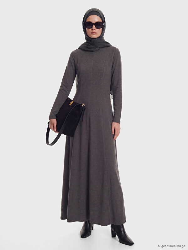 LCW Modest Crew Neck Fitted Waist Dress
