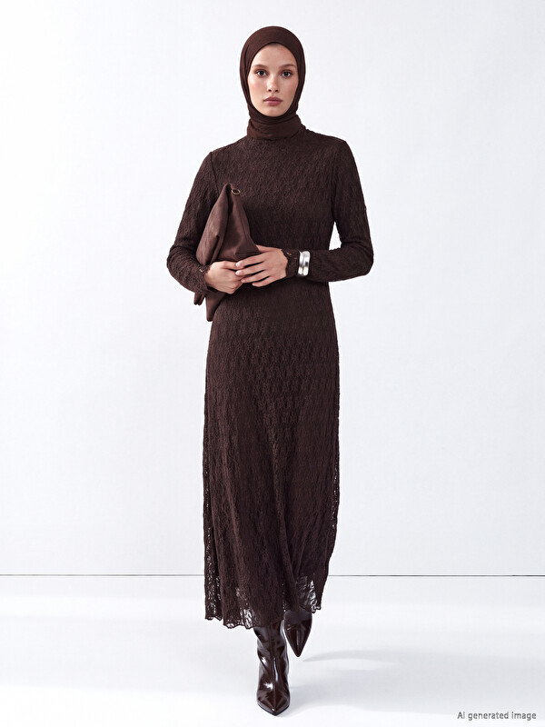 LCW Modest Mock Neck A Form Lace Dress