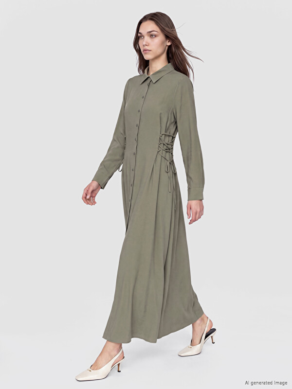 LCW Modest Femër Ngjyre Kaki Fustan-këmishë