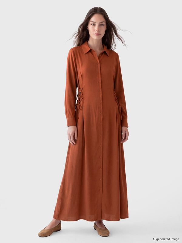 LCW Modest Фустан-кошула од модал со врзување и набрани детали за Жени