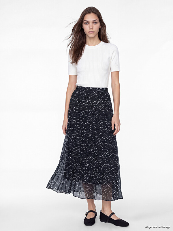 LCW Modest Elastic Waist Polka Dot Chiffon Pleated Skirt