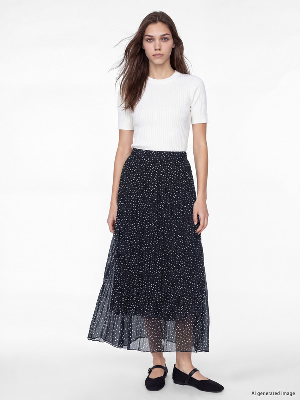 LCW Modest Elastic Waist Polka Dot Chiffon Pleated Skirt