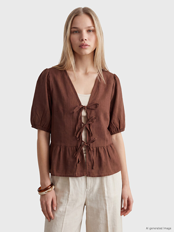 LCW Vision V Neck Bow Detailed Blouse