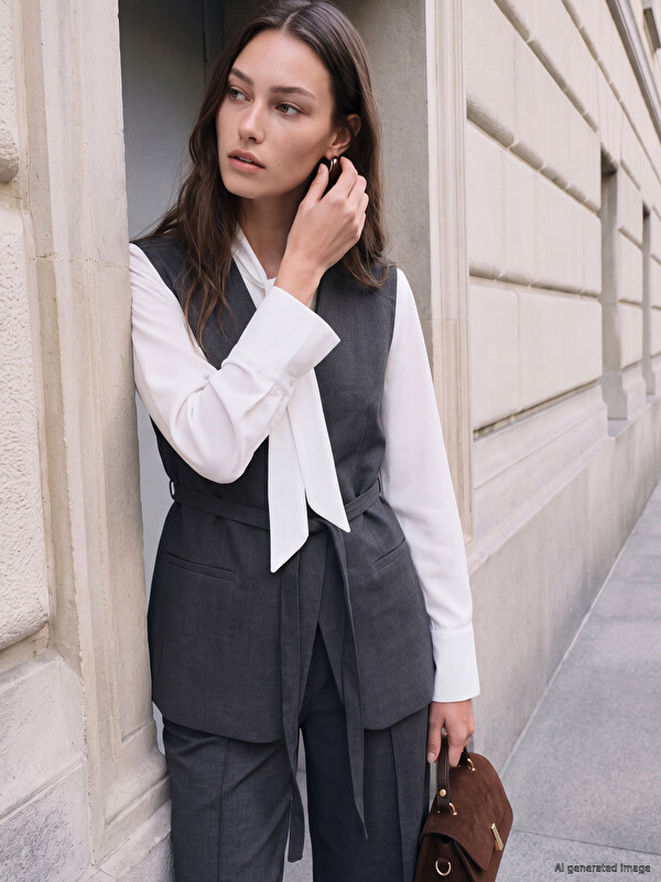 LCW Modest Double Breasted Waist Sashed Women's Classic Waistcoat