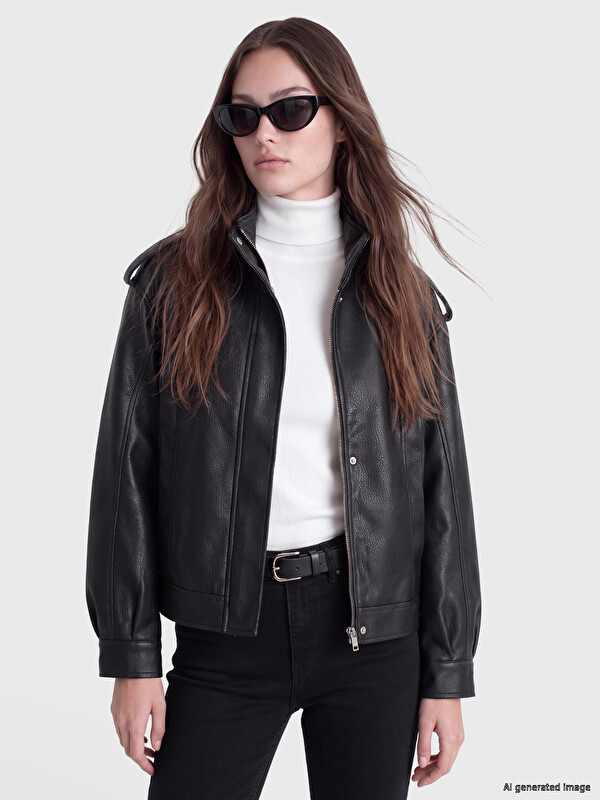 LCW Modest Mock Neck Women's Faux Leather Jacket