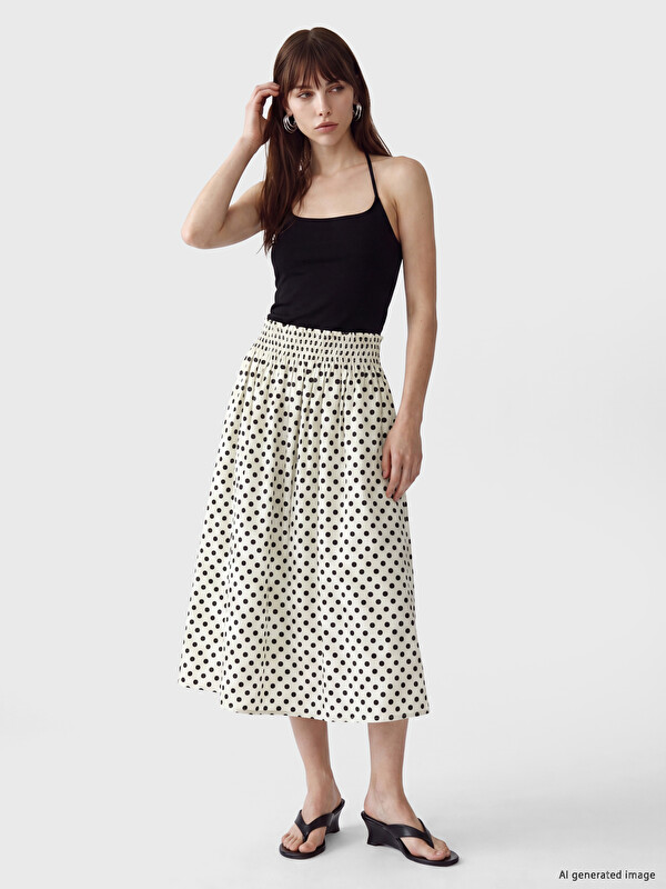 LCW Vision Elastic Waist Polka Dot Poplin Flared Skirt