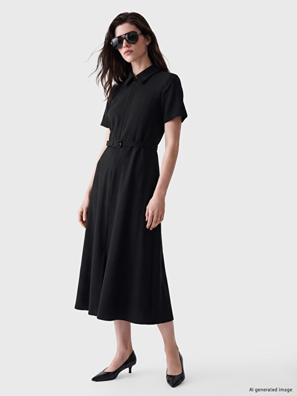 LCW Comfort Belted A Cut Crepe Shirt Dress