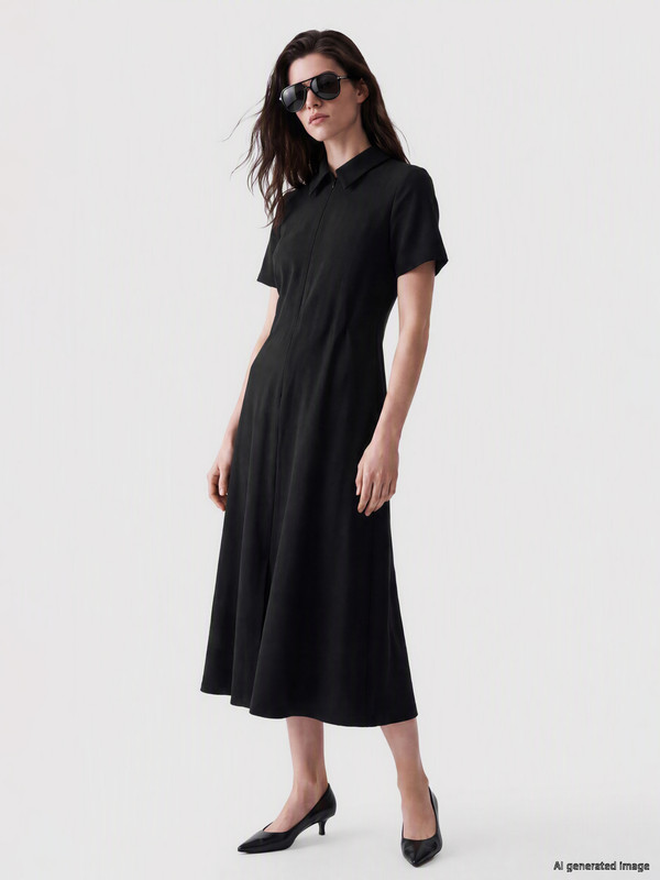 LCW Comfort Fustan-këmishë krep me prerje A me rrip për gra