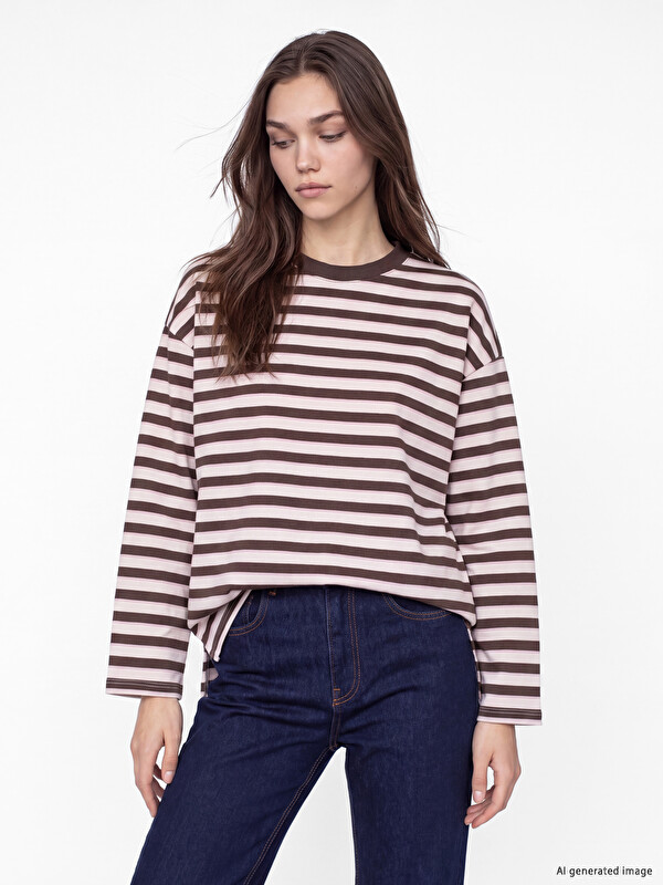 LCW Modest Çizgili Oversize Kadın Sweatshirt Tunik