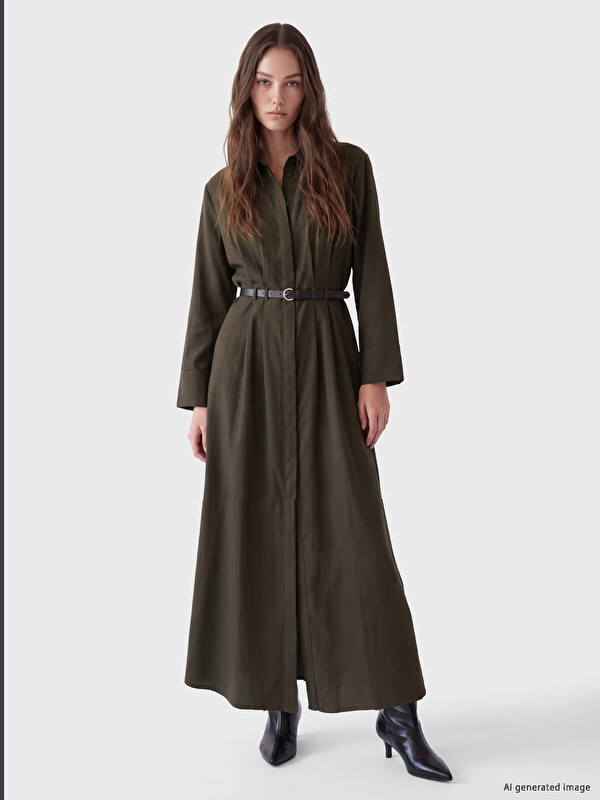 LCW Modest Beli Kemerli Pileli Gömlek Elbise