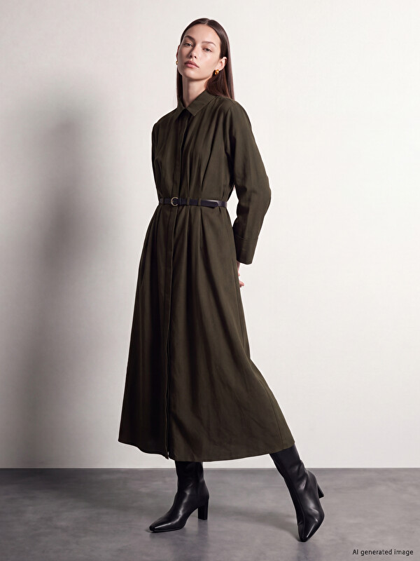 LCW Modest Rochie Cămașă Plisată Cu Curea În Talie