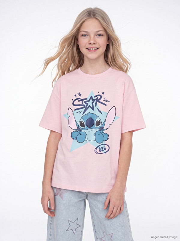 LCW Kids Stitch Baskılı Kız Çocuk Soft Touch Tişört